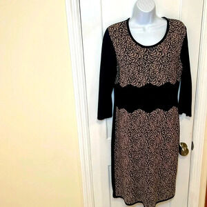 Sweater Dress Midi Women’s Large  Stretchy Knit Floral Print Black Tan